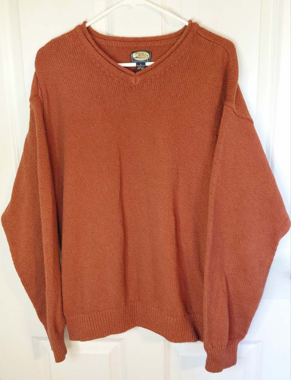 Vintage Tommy Bahama Men’s XL V-Neck Sweater Rust Orange Cotton Chunky Knit Fall